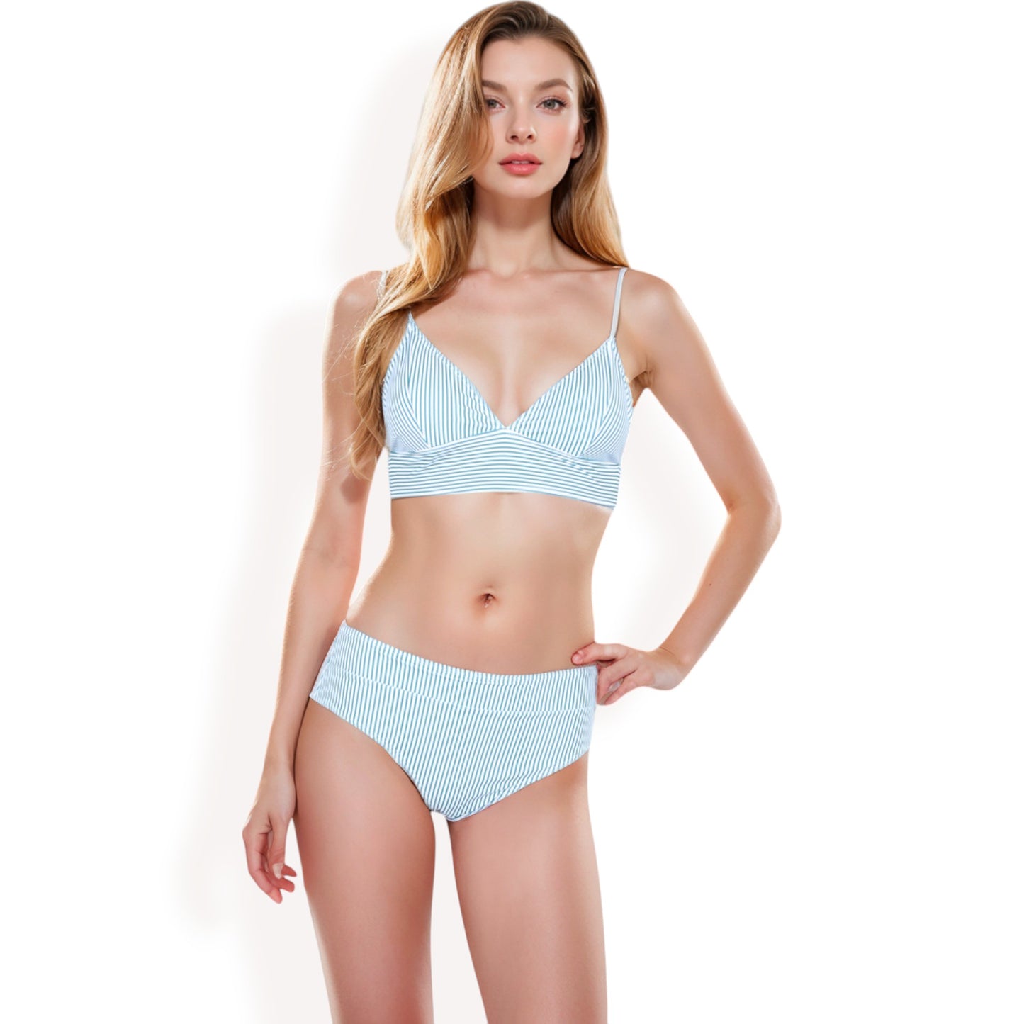 Anna-Kaci Women's High-Waisted Bikini Set with Striped Print and Triangle Top