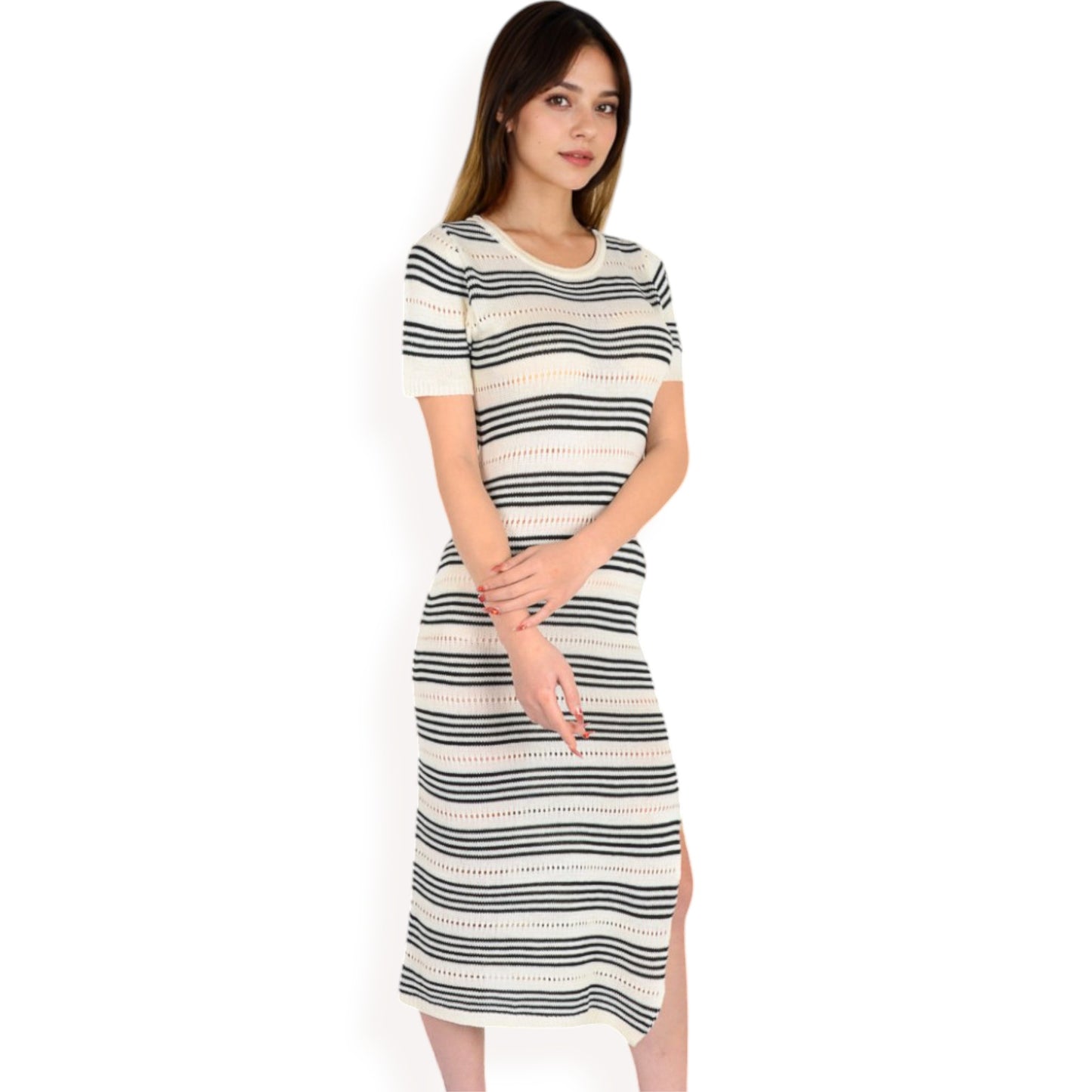Anna-Kaci Women's Striped Knit Midi Dress with Side Slit