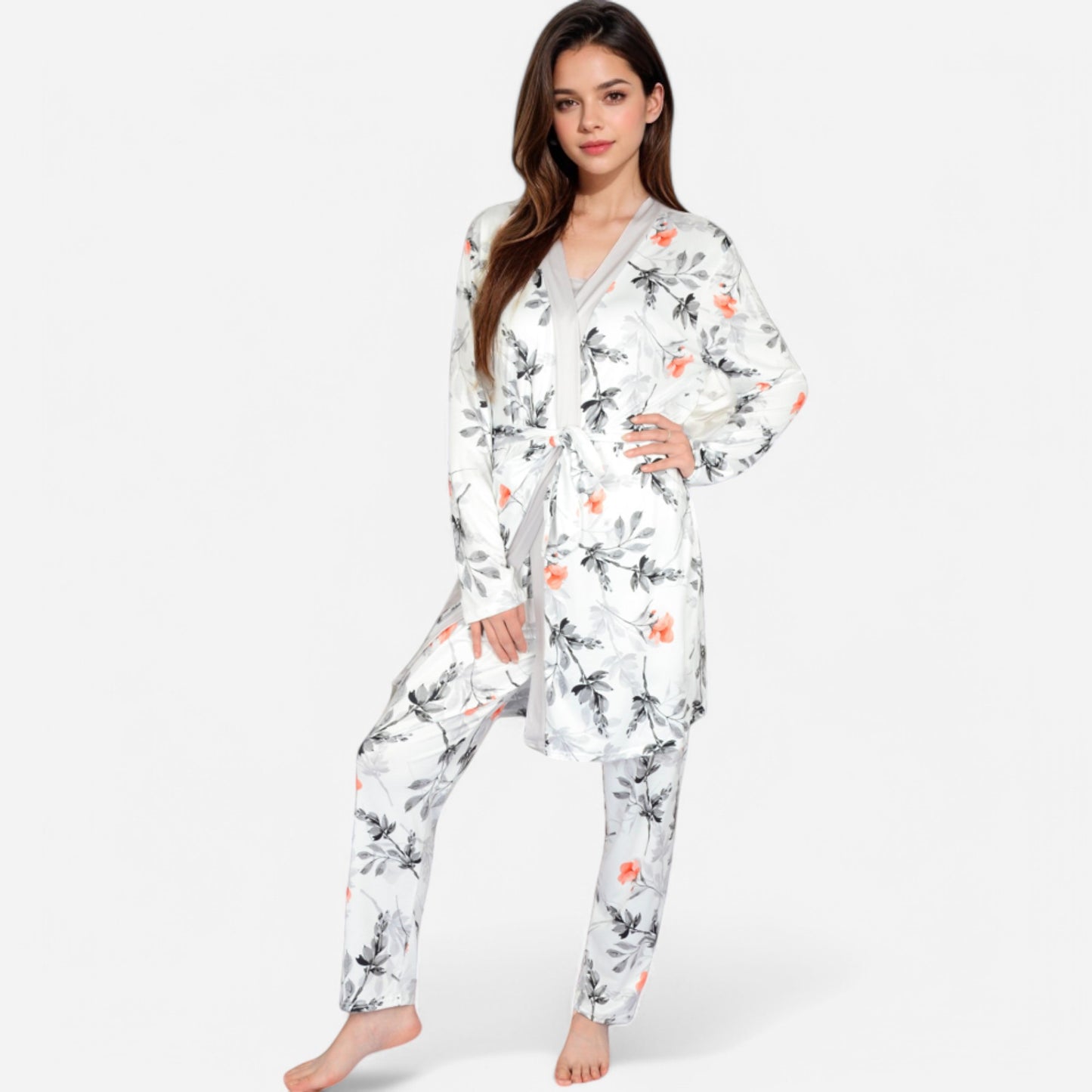 Anna-Kaci Lounge Women's Floral Print 3-Piece Pajama Set with Long Cardigan