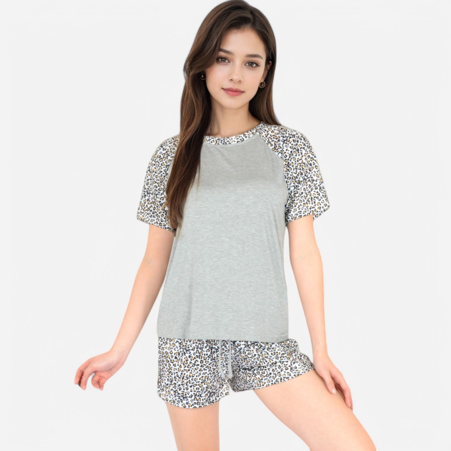 Anna-Kaci Lounge Women's Leopard Print Short Sleeve Pajama Set with Drawstring Shorts