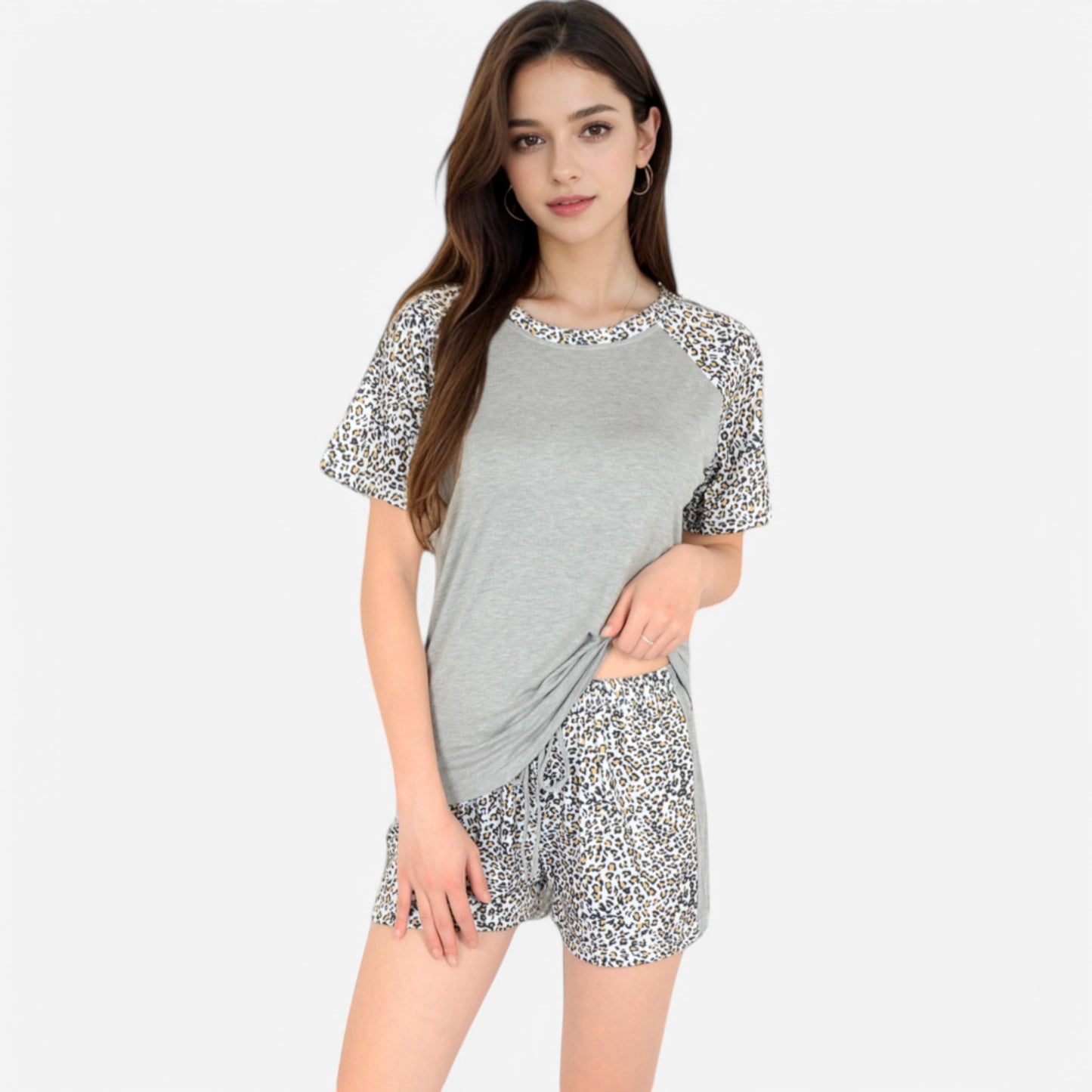 Anna-Kaci Lounge Women's Leopard Print Short Sleeve Pajama Set with Drawstring Shorts