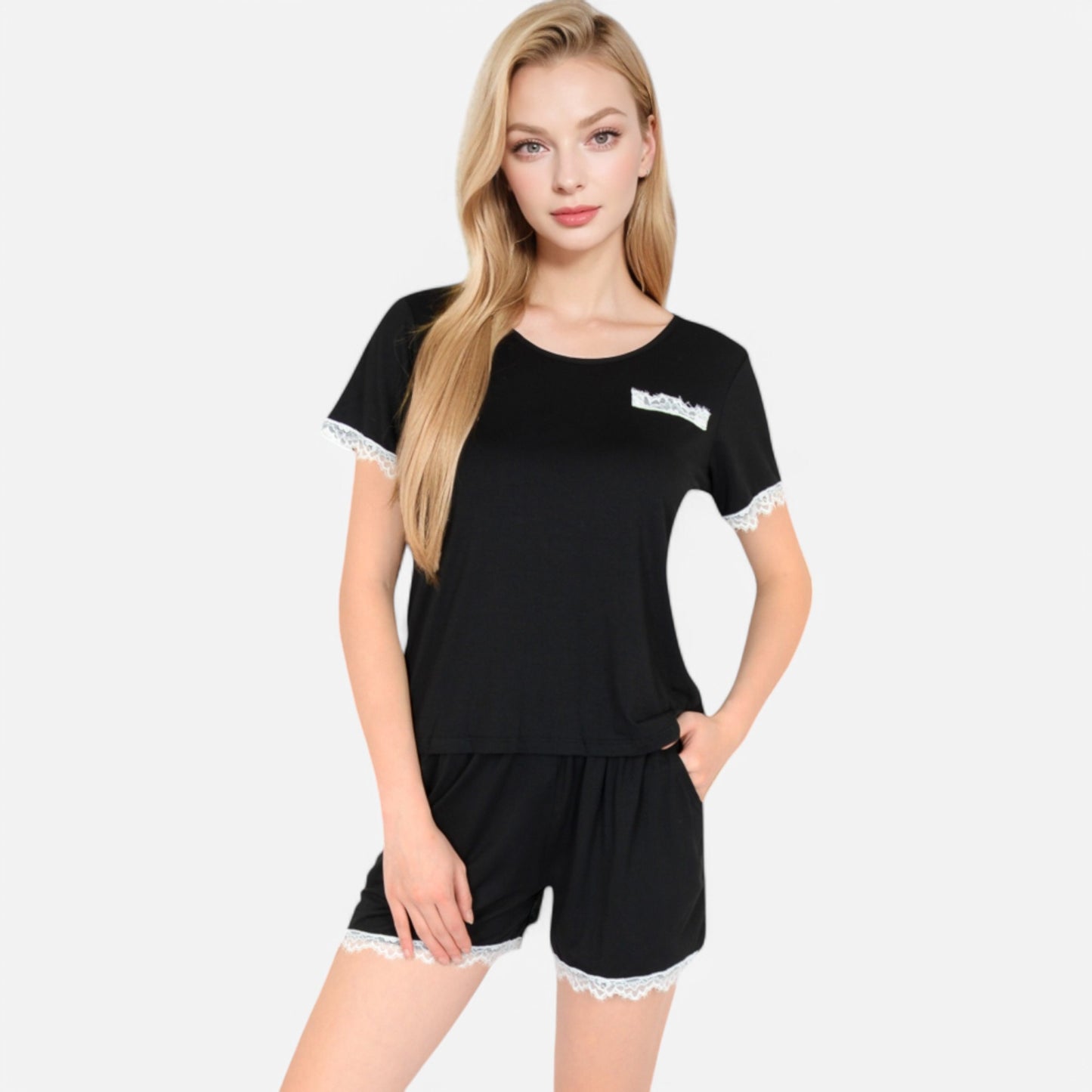 Anna-Kaci Lounge Women's Lace Trim Short Sleeve Pajama Set with Pocket Detail