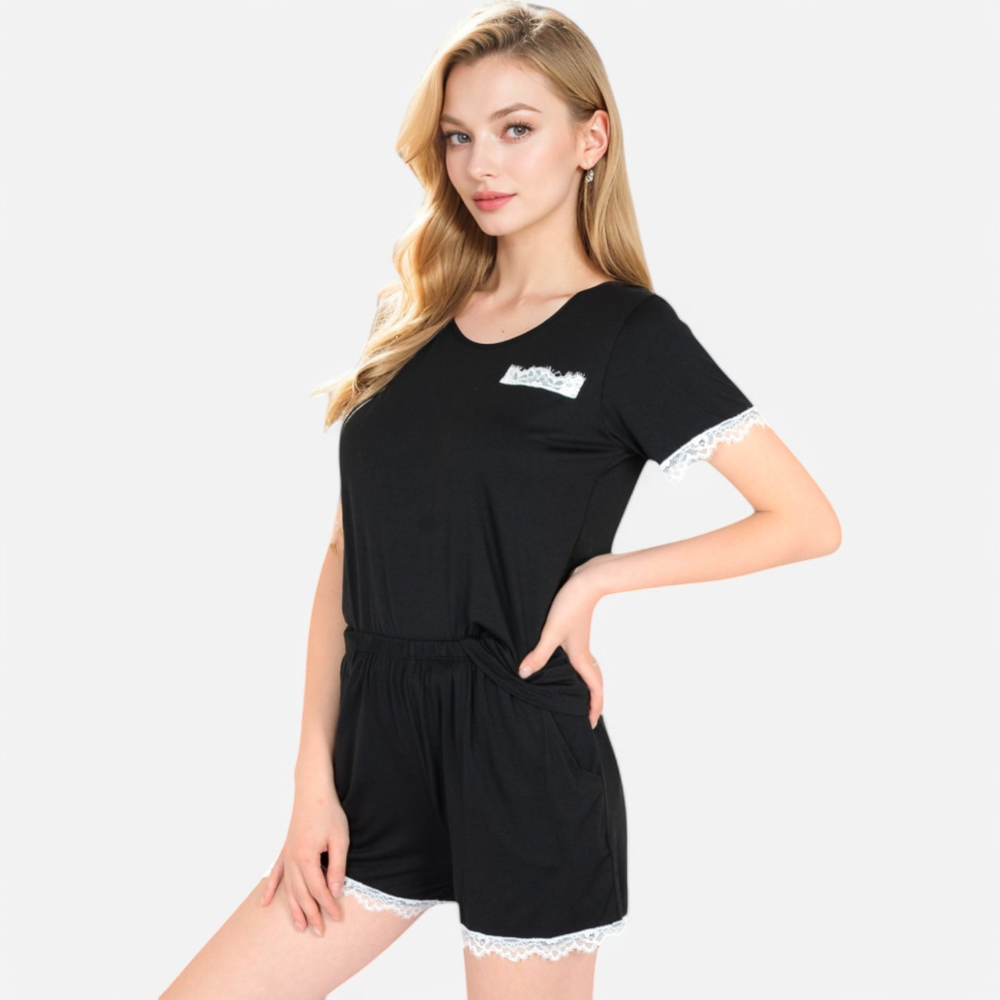 Anna-Kaci Lounge Women's Lace Trim Short Sleeve Pajama Set with Pocket Detail