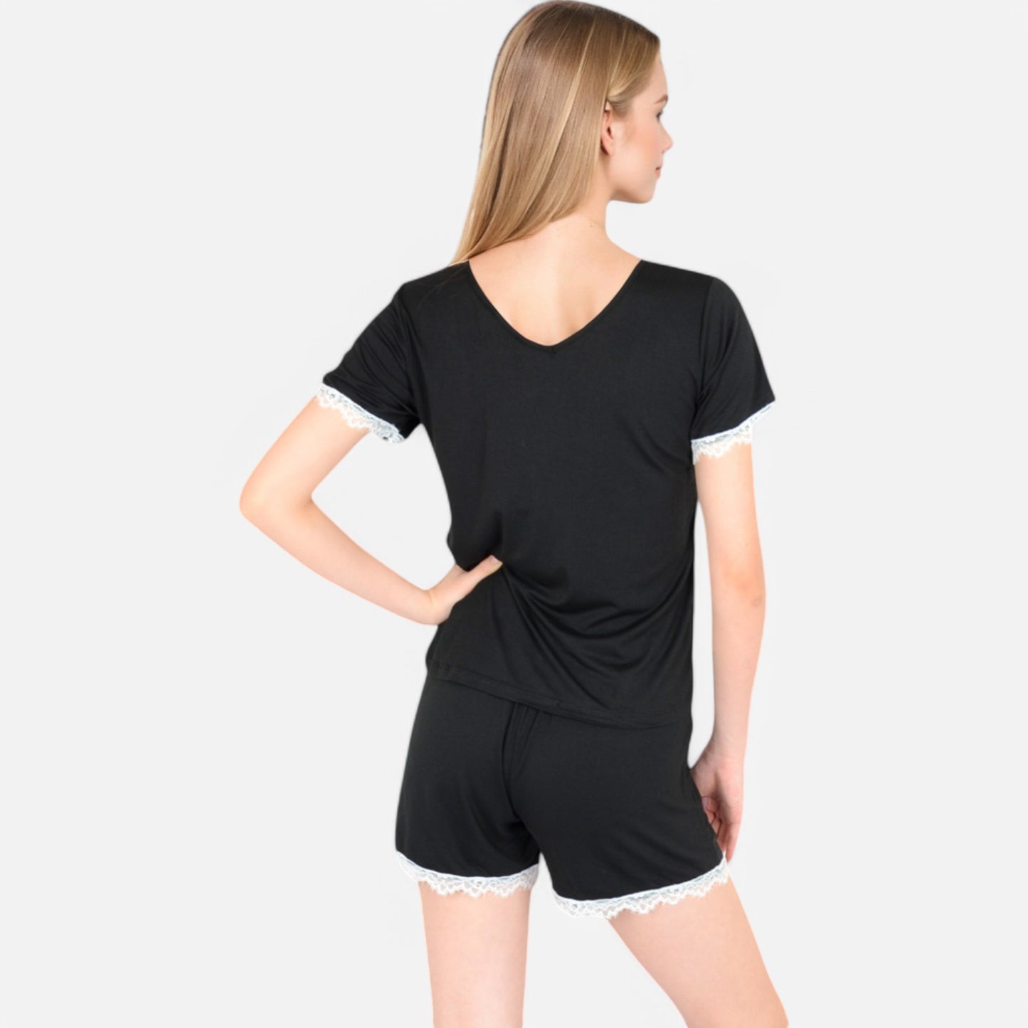 Anna-Kaci Lounge Women's Lace Trim Short Sleeve Pajama Set with Pocket Detail