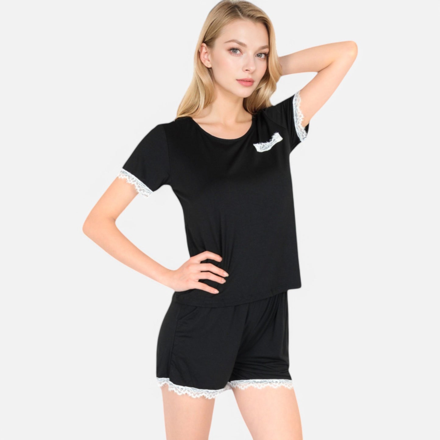 Anna-Kaci Lounge Women's Lace Trim Short Sleeve Pajama Set with Pocket Detail