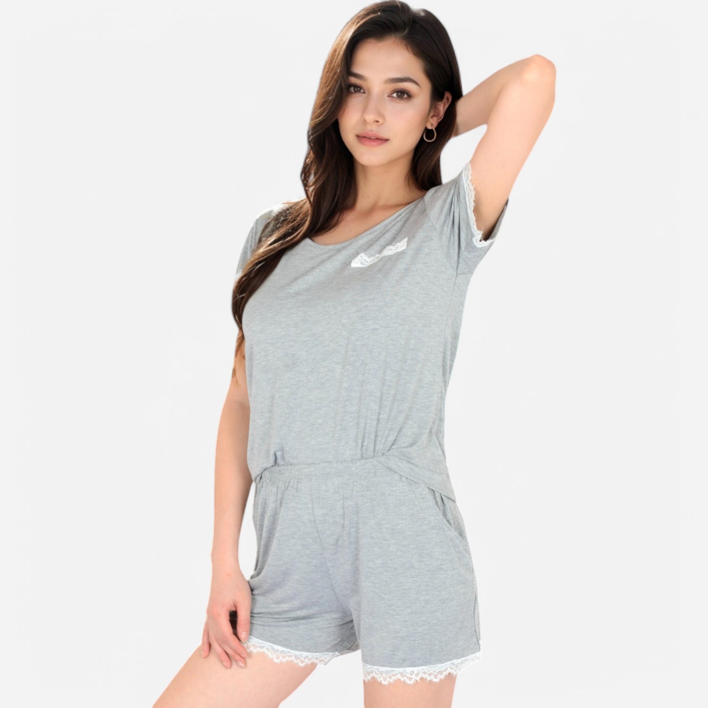 Anna-Kaci Lounge Women's Lace Trim Short Sleeve Pajama Set with Pocket Detail