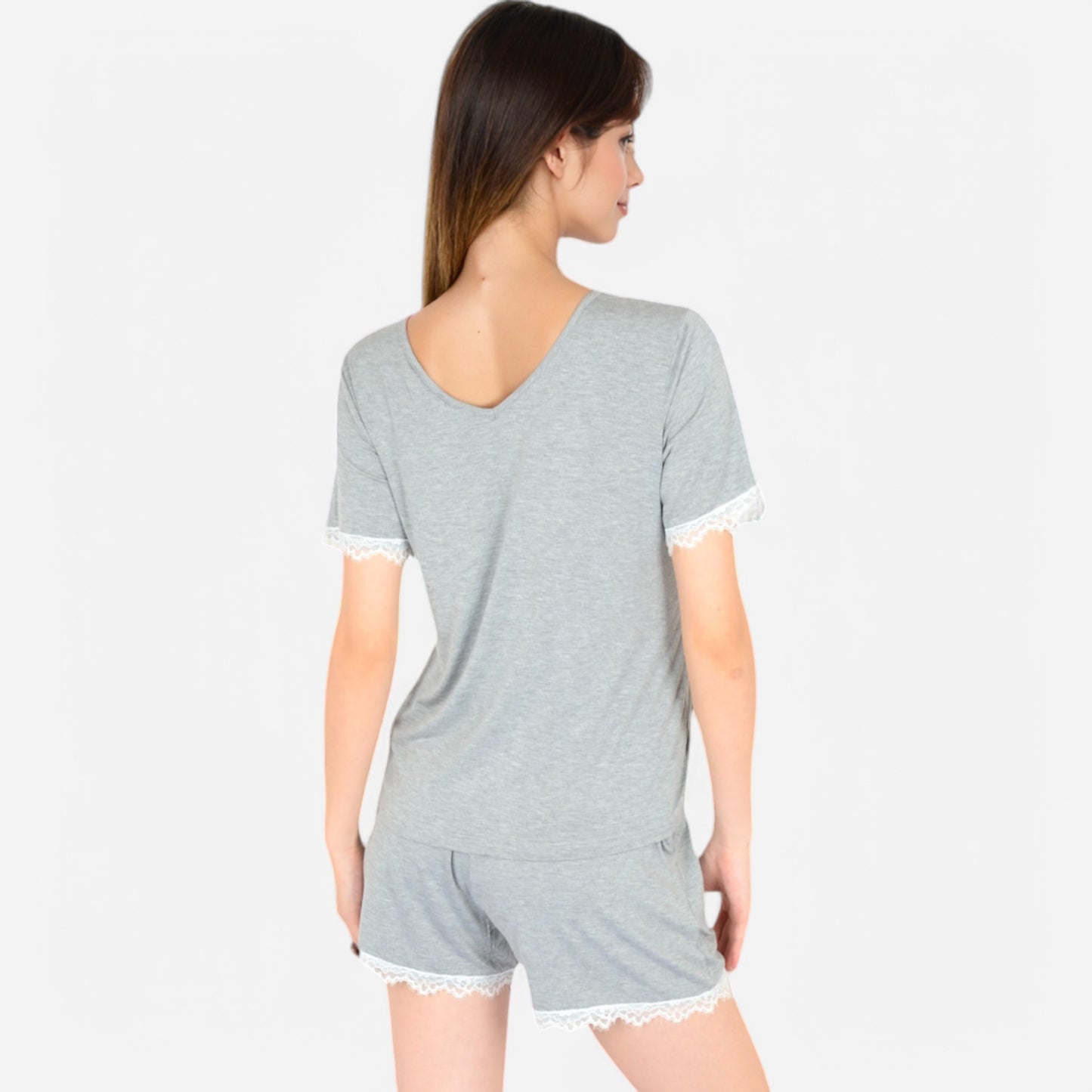 Anna-Kaci Lounge Women's Lace Trim Short Sleeve Pajama Set with Pocket Detail