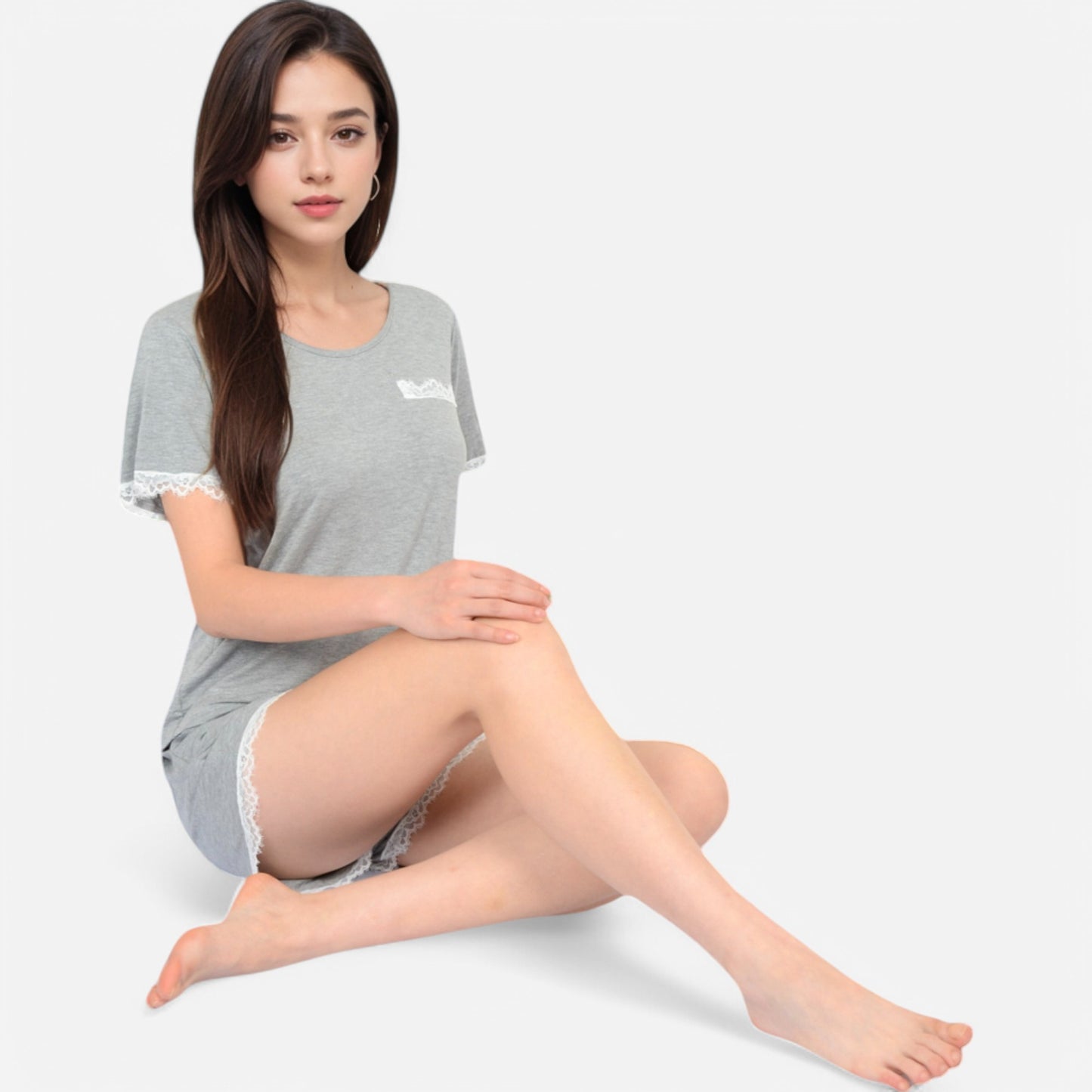 Anna-Kaci Lounge Women's Lace Trim Short Sleeve Pajama Set with Pocket Detail