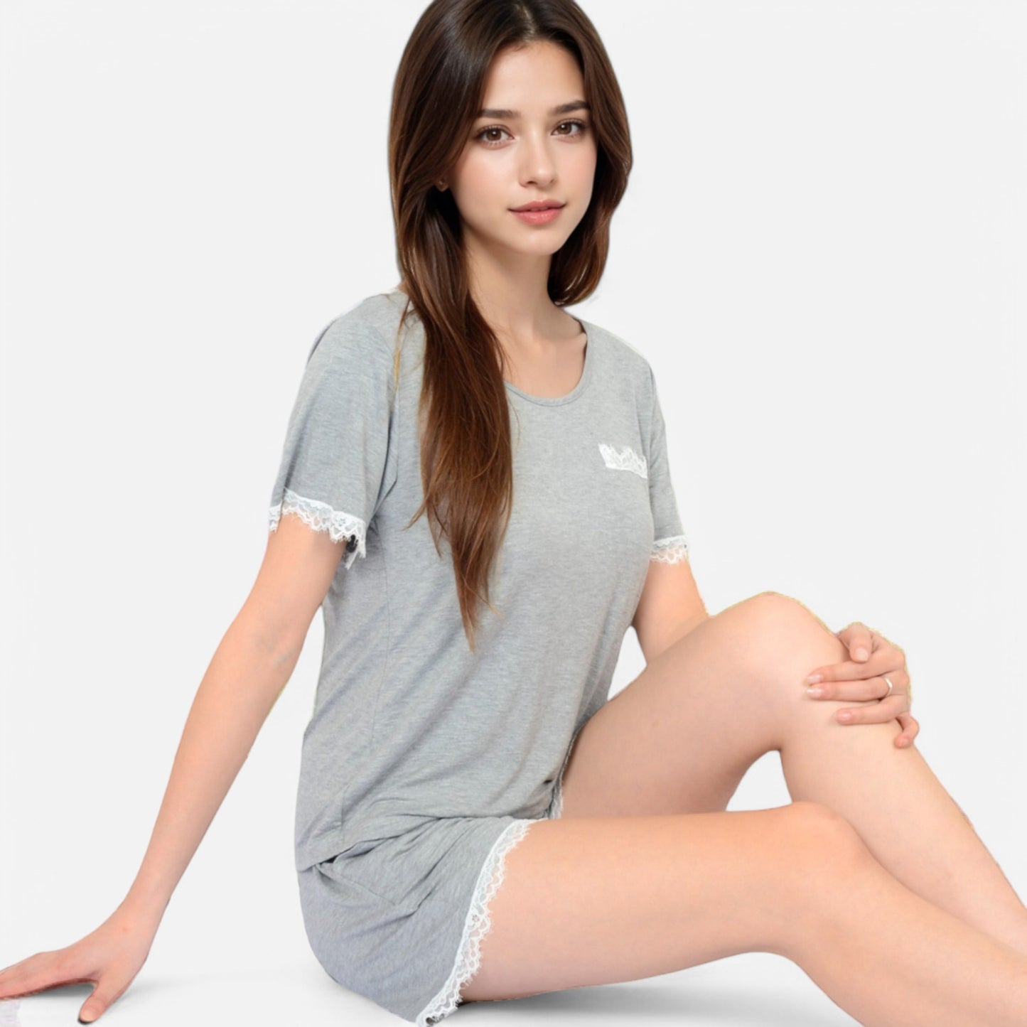 Anna-Kaci Lounge Women's Lace Trim Short Sleeve Pajama Set with Pocket Detail