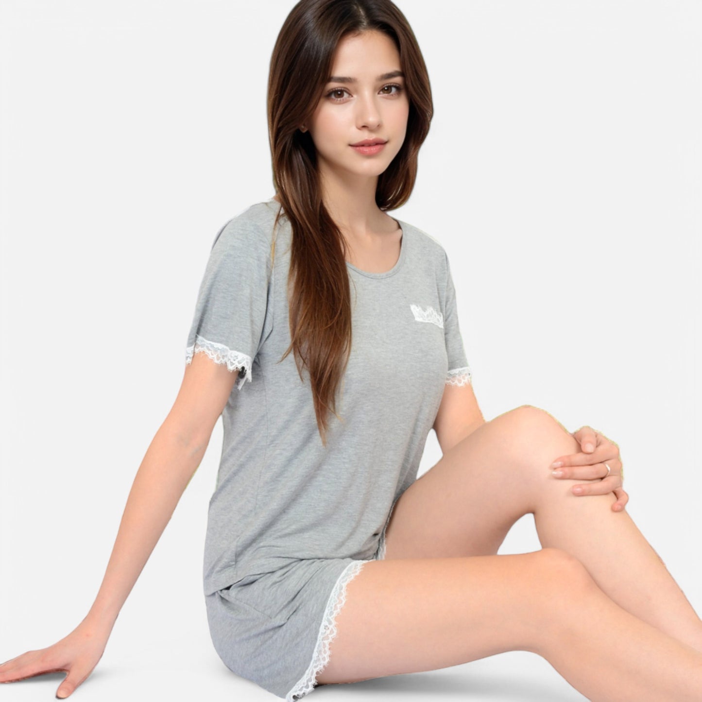 Anna-Kaci Lounge Women's Lace Trim Short Sleeve Pajama Set with Pocket Detail
