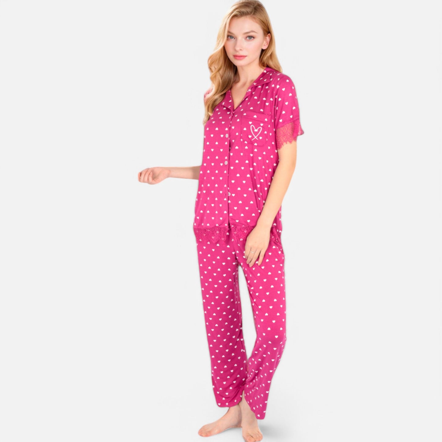 Anna-Kaci Lounge Women's Polka Dot Short Sleeve Button-Up Pajama Set with Pocket Detail