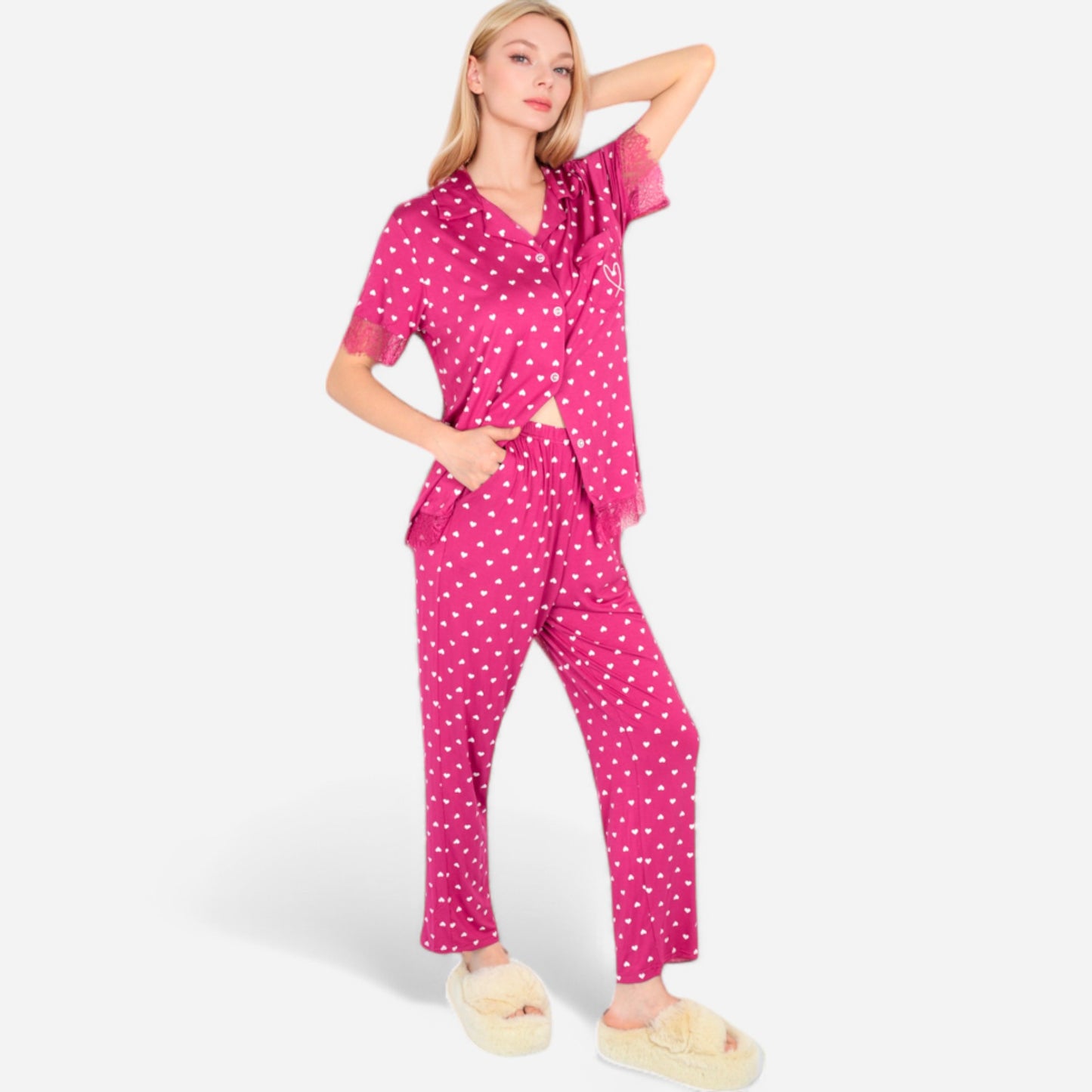 Anna-Kaci Lounge Women's Polka Dot Short Sleeve Button-Up Pajama Set with Pocket Detail