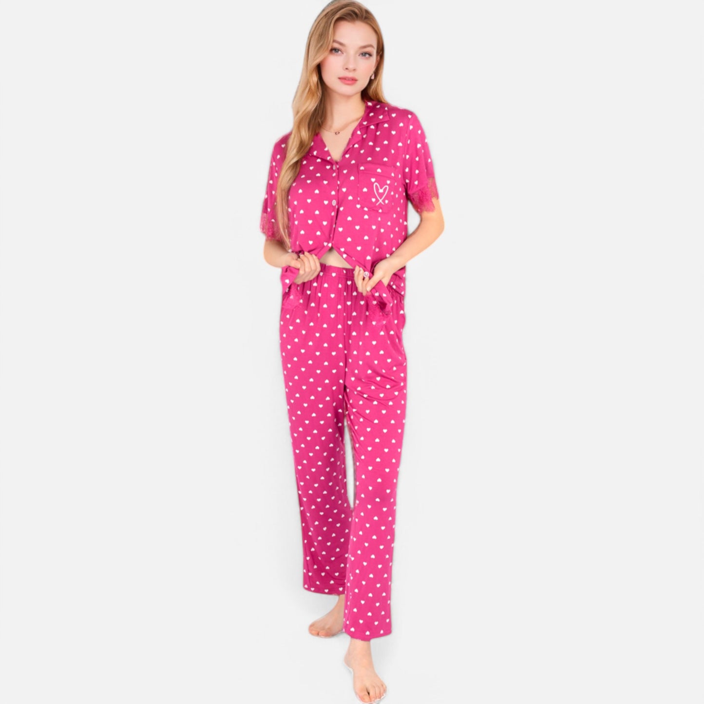 Anna-Kaci Lounge Women's Polka Dot Short Sleeve Button-Up Pajama Set with Pocket Detail