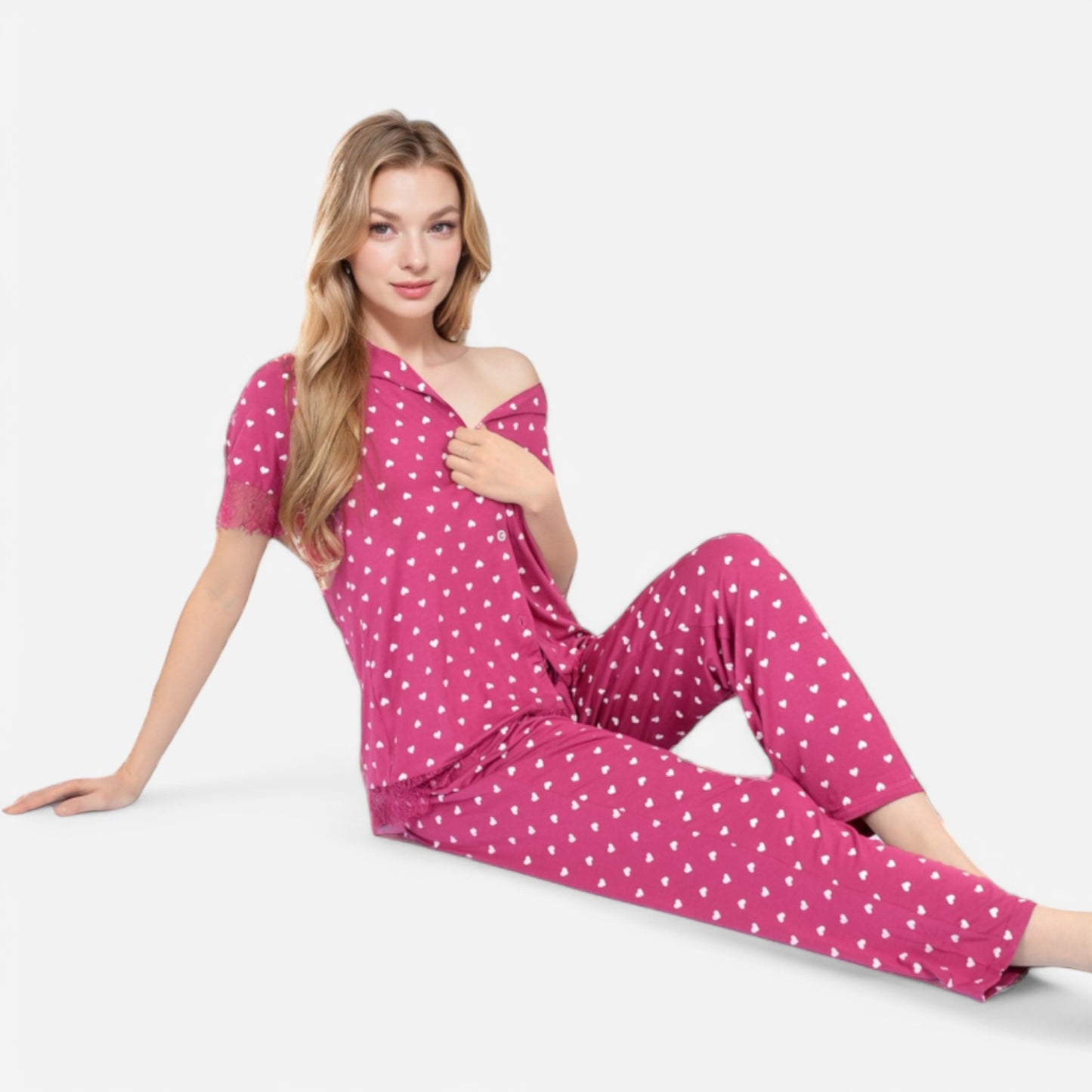 Anna-Kaci Lounge Women's Polka Dot Short Sleeve Button-Up Pajama Set with Pocket Detail