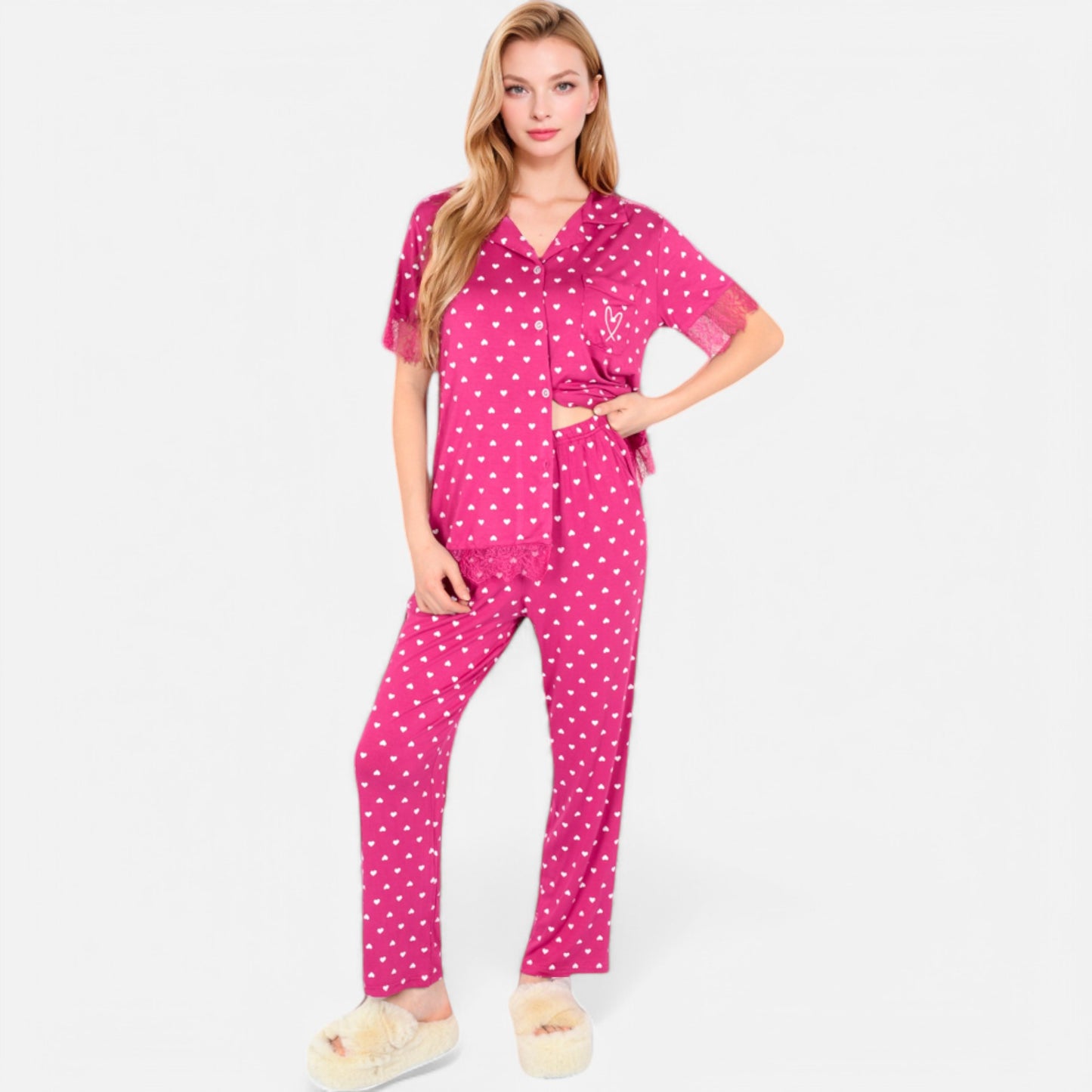Anna-Kaci Lounge Women's Polka Dot Short Sleeve Button-Up Pajama Set with Pocket Detail