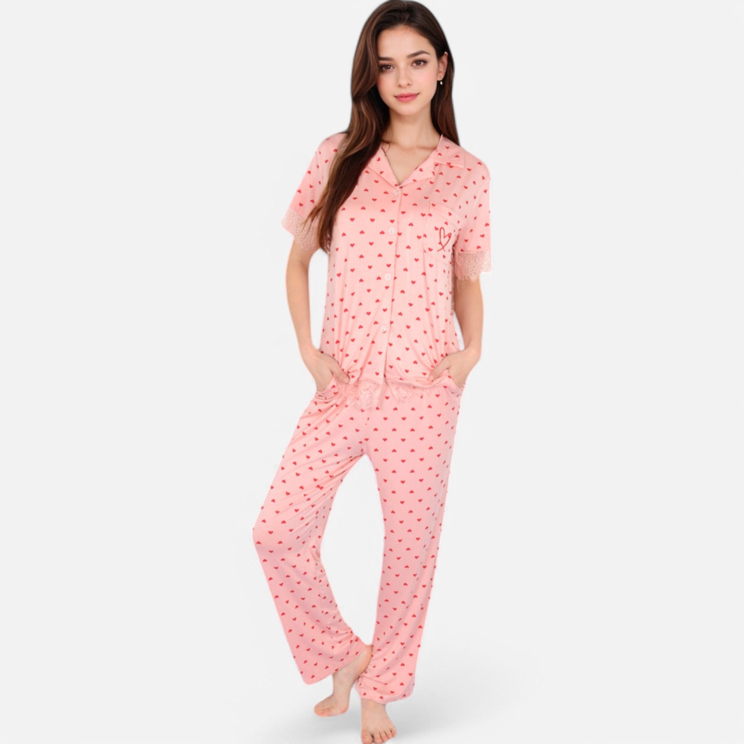 Anna-Kaci Lounge Women's Polka Dot Short Sleeve Button-Up Pajama Set with Pocket Detail