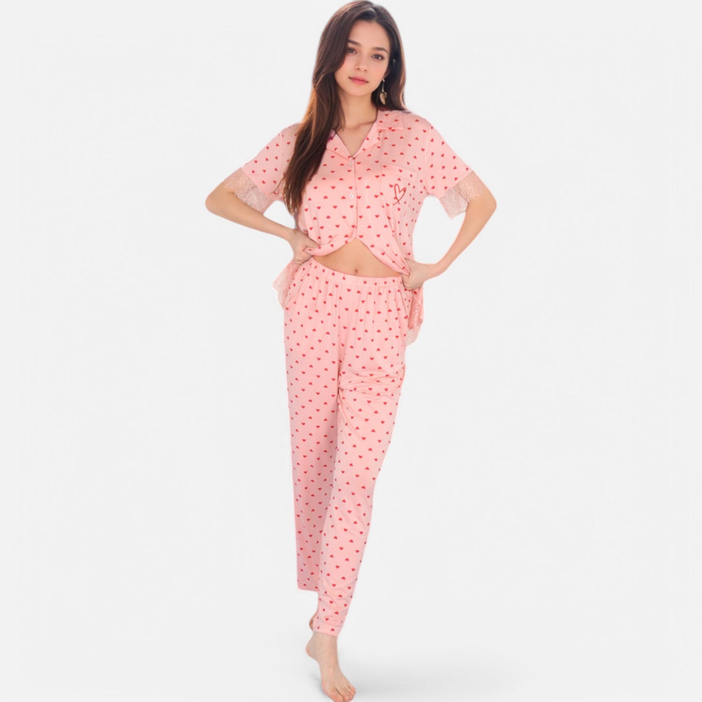 Anna-Kaci Lounge Women's Polka Dot Short Sleeve Button-Up Pajama Set with Pocket Detail