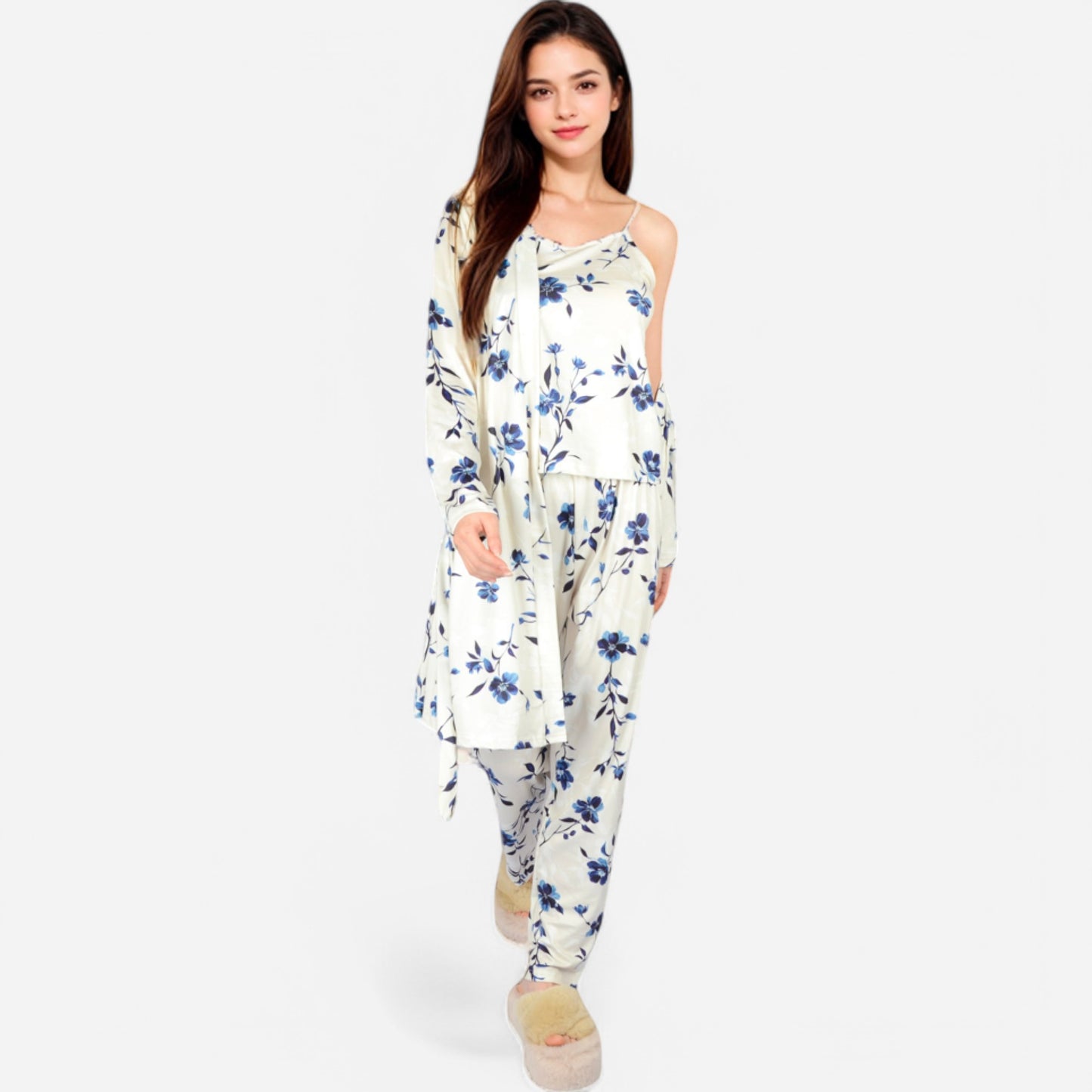 Anna-Kaci Lounge Women's Floral Print 3-Piece Pajama Set with Long Cardigan and Elastic Waist Pants