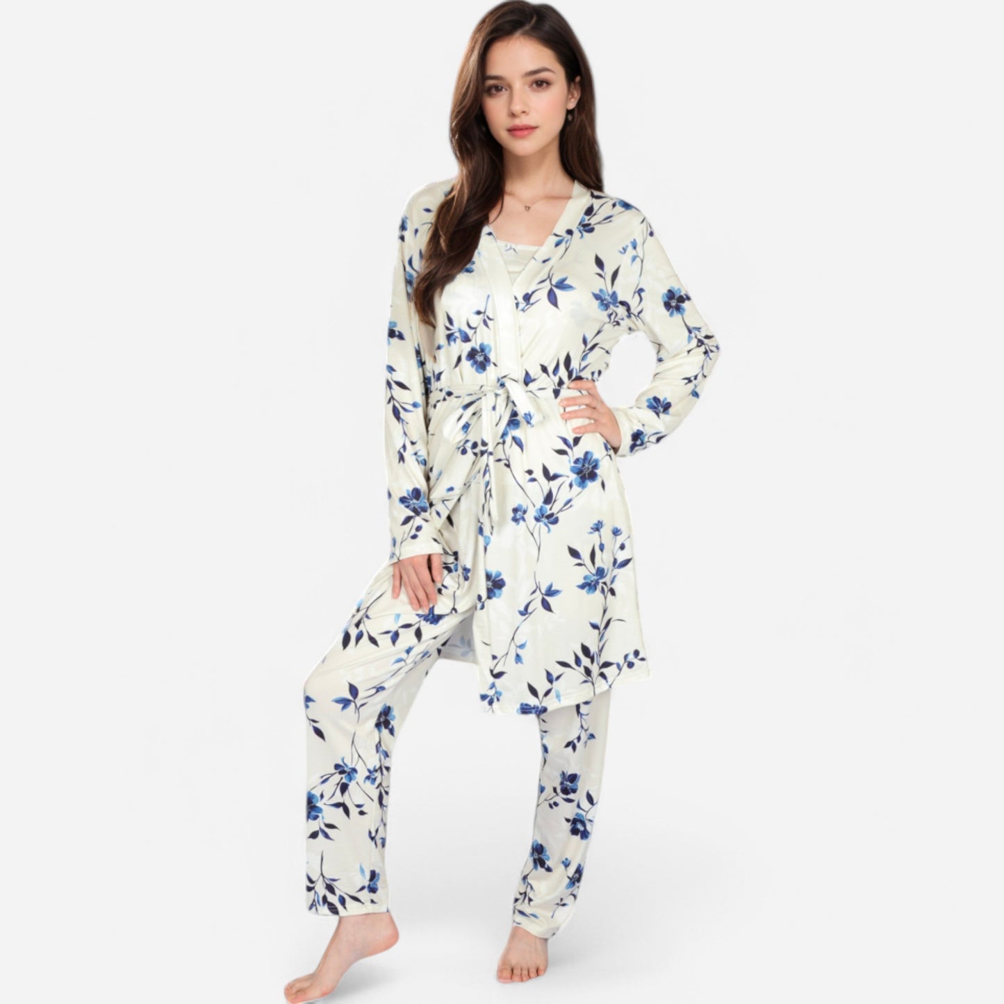 Anna-Kaci Lounge Women's Floral Print 3-Piece Pajama Set with Long Cardigan and Elastic Waist Pants