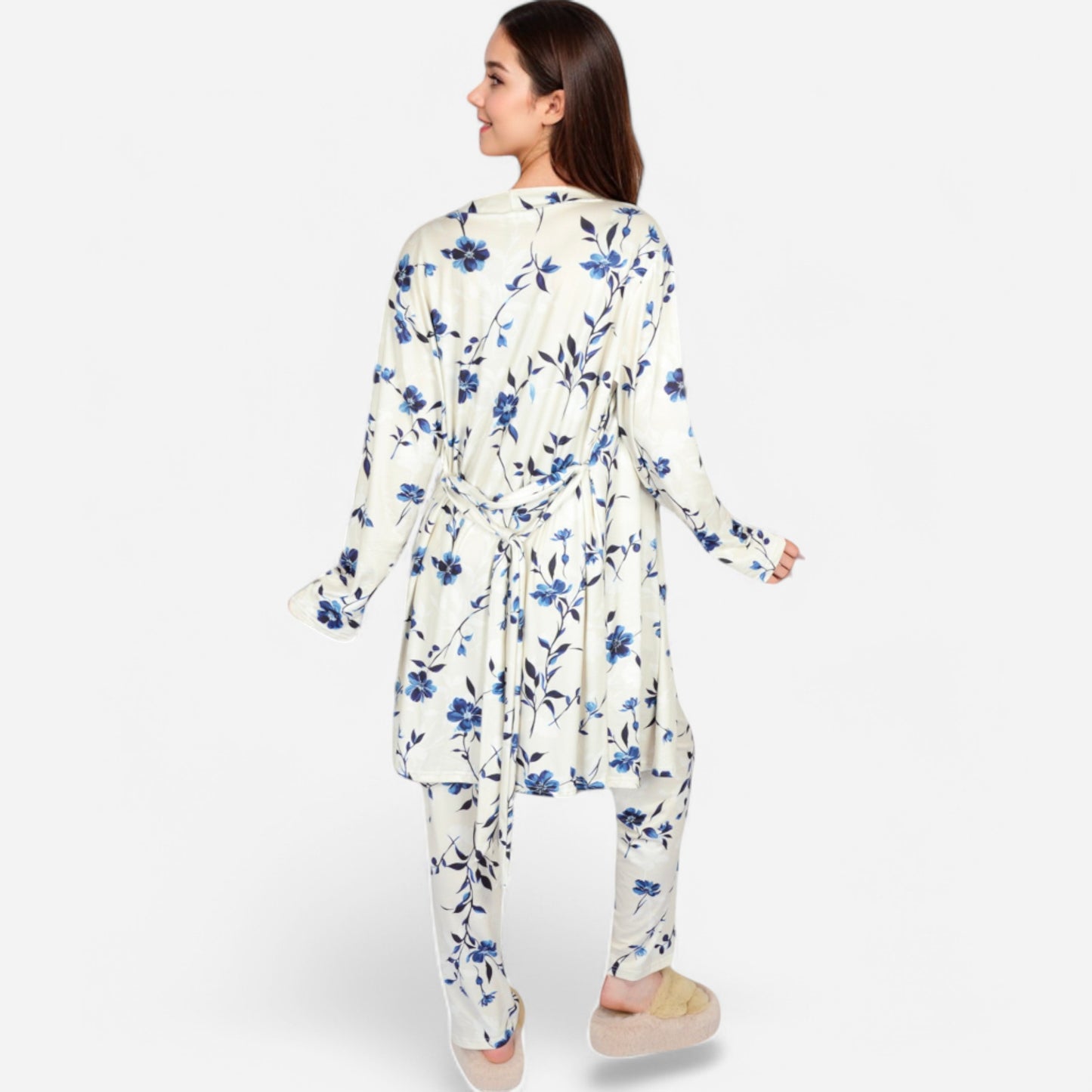 Anna-Kaci Lounge Women's Floral Print 3-Piece Pajama Set with Long Cardigan and Elastic Waist Pants