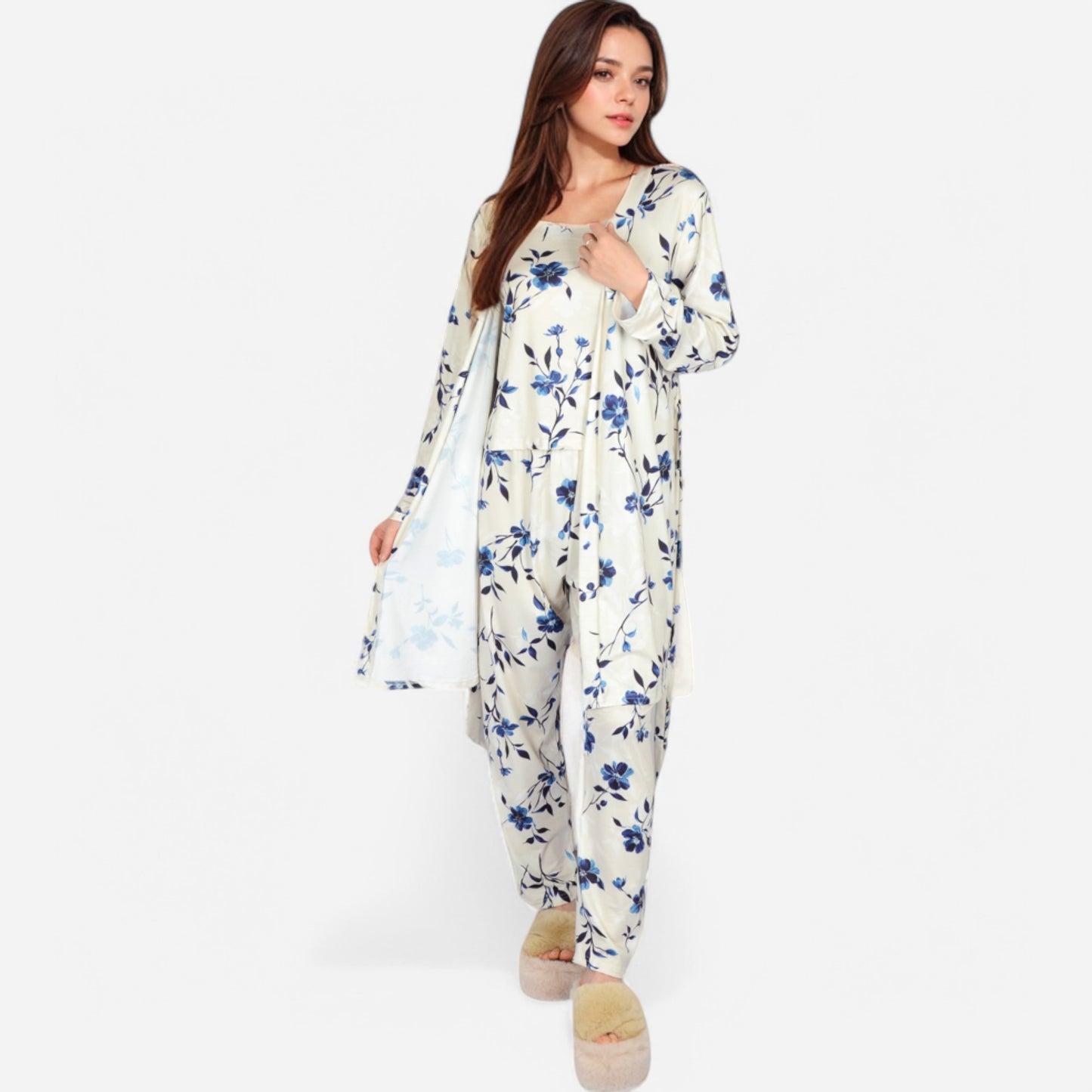Anna-Kaci Lounge Women's Floral Print 3-Piece Pajama Set with Long Cardigan and Elastic Waist Pants