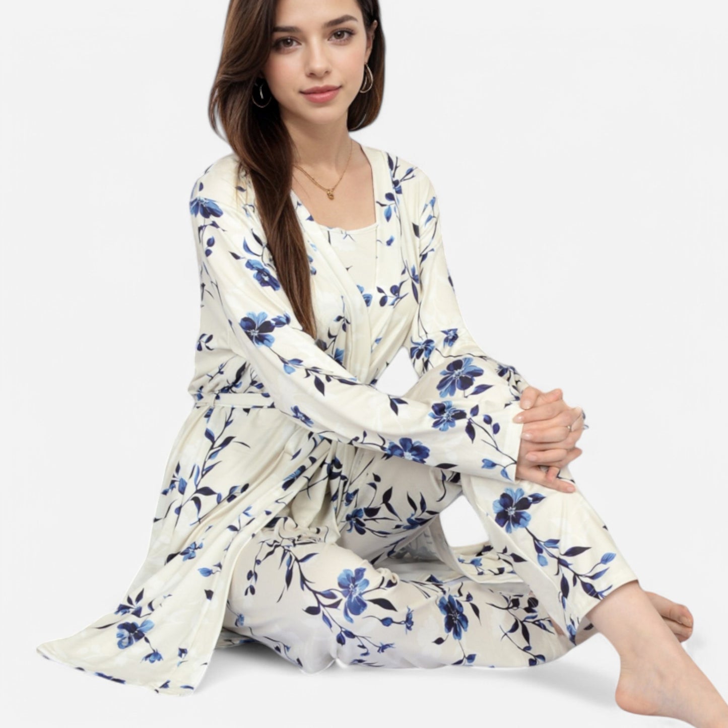 Anna-Kaci Lounge Women's Floral Print 3-Piece Pajama Set with Long Cardigan and Elastic Waist Pants
