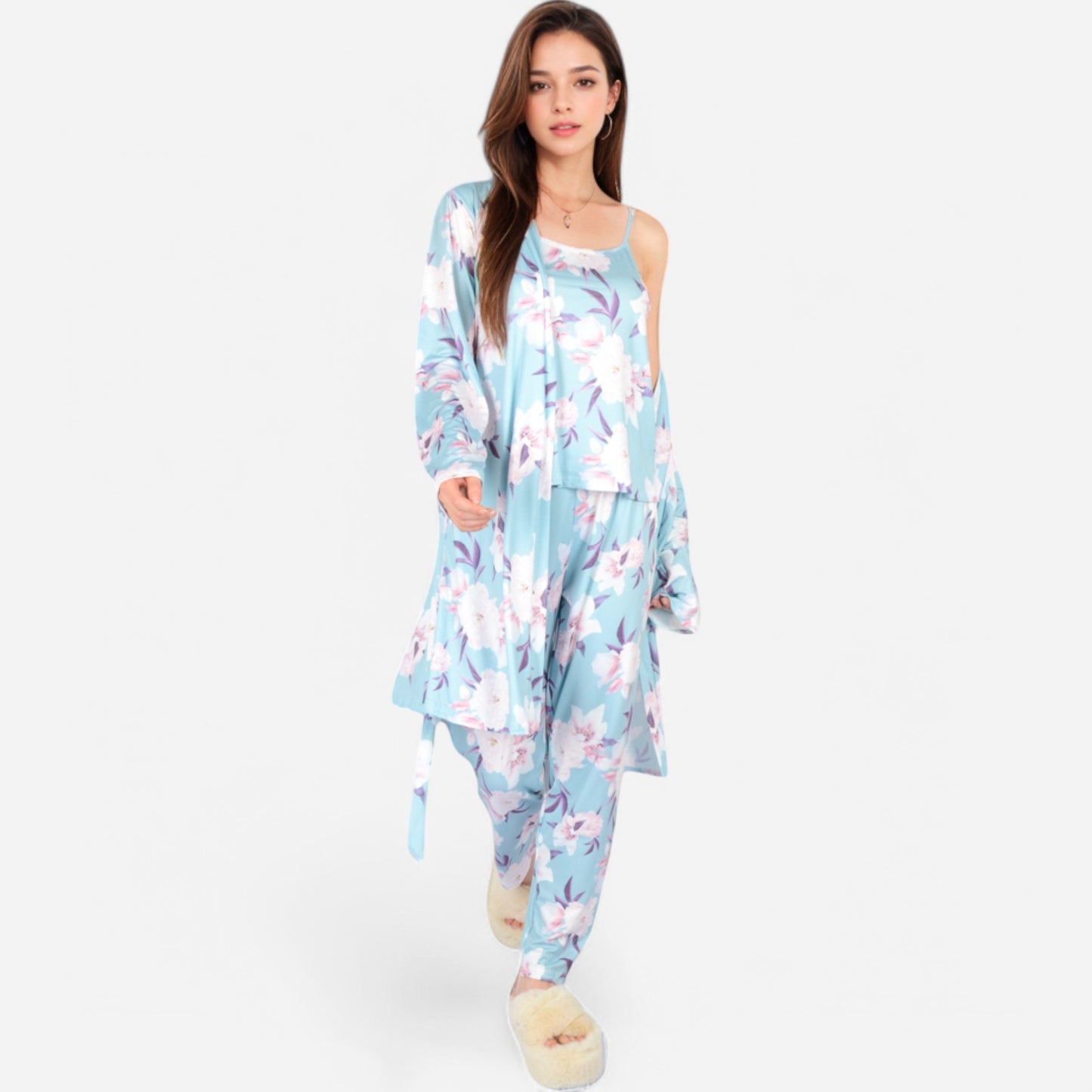 Anna-Kaci Lounge Women's Floral Print 3-Piece Pajama Set with Long Cardigan and Elastic Waist Pants