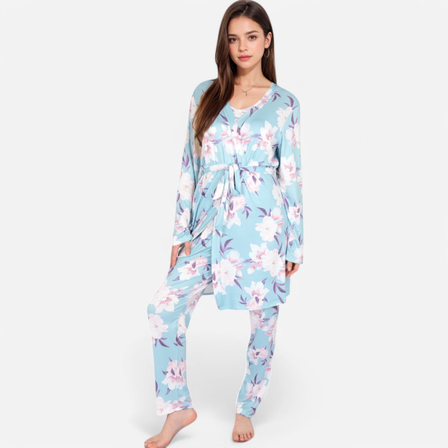 Anna-Kaci Lounge Women's Floral Print 3-Piece Pajama Set with Long Cardigan and Elastic Waist Pants