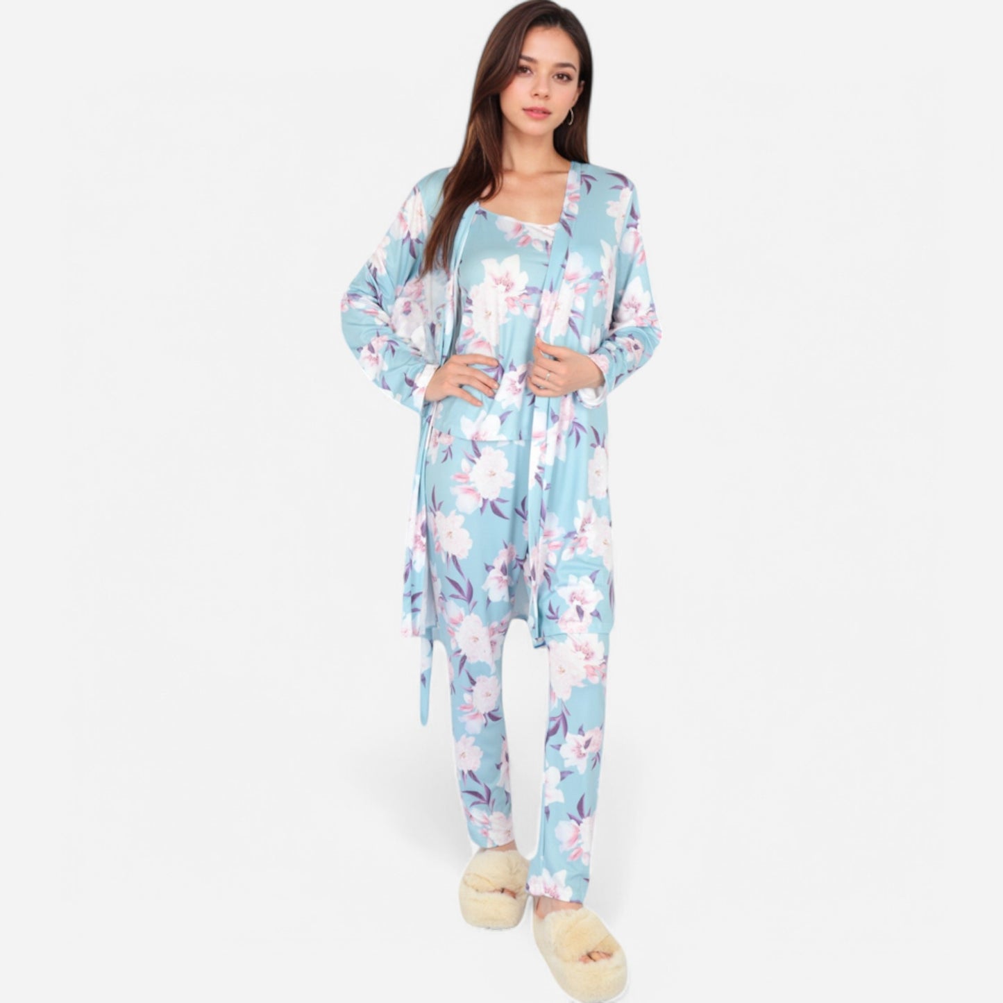 Anna-Kaci Lounge Women's Floral Print 3-Piece Pajama Set with Long Cardigan and Elastic Waist Pants