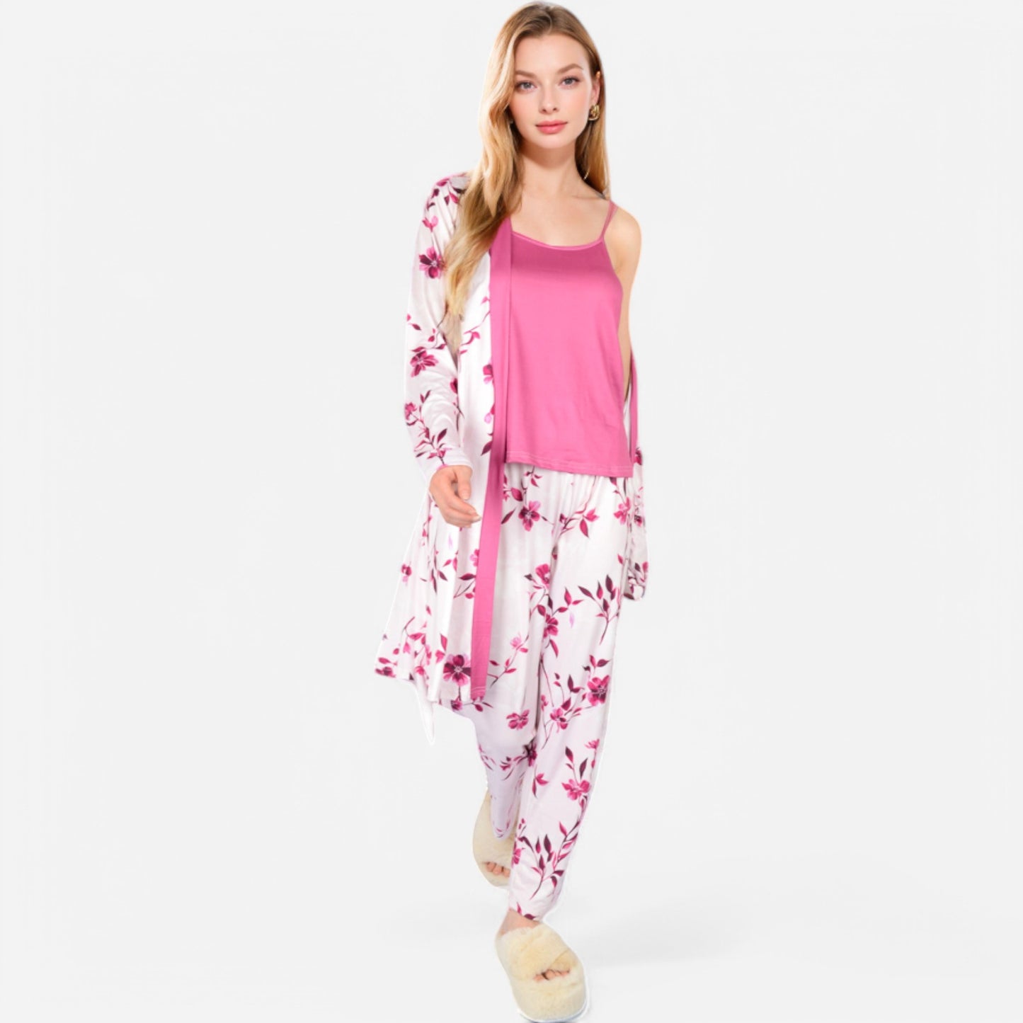 Anna-Kaci Lounge Women's Floral Print 3-Piece Pajama Set with Long Cardigan and Elastic Waist Pants