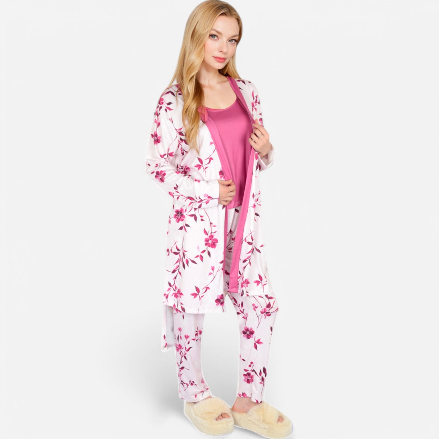 Anna-Kaci Lounge Women's Floral Print 3-Piece Pajama Set with Long Cardigan and Elastic Waist Pants