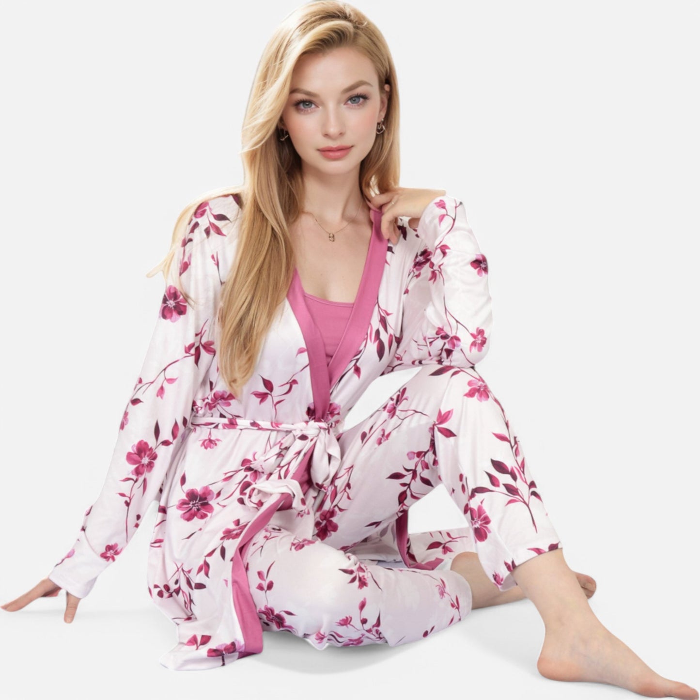 Anna-Kaci Lounge Women's Floral Print 3-Piece Pajama Set with Long Cardigan and Elastic Waist Pants
