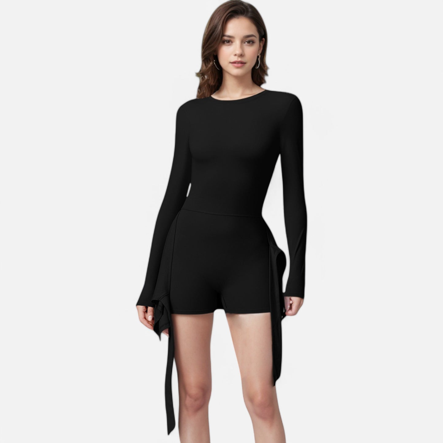 Anna-Kaci Women's Long Sleeve Bodysuit with Wrap Skirt Overlay