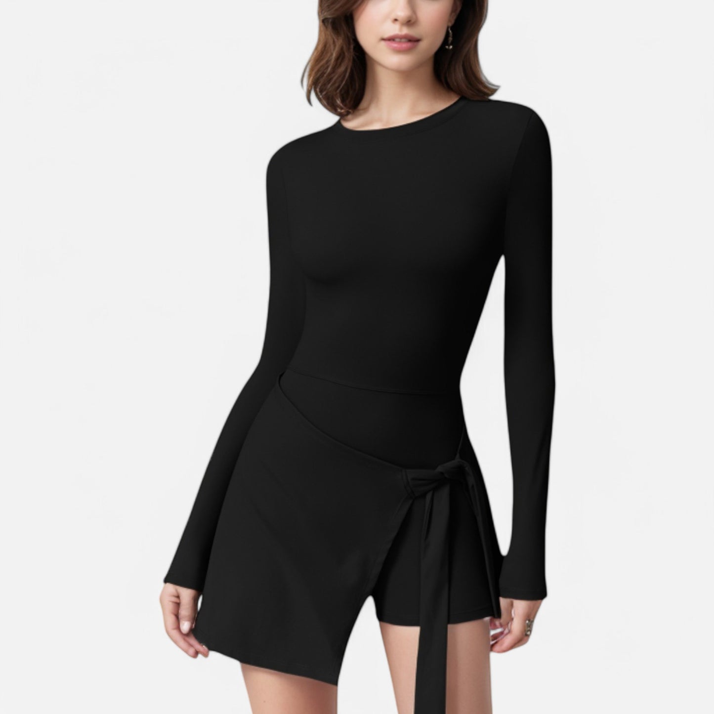 Anna-Kaci Women's Long Sleeve Bodysuit with Wrap Skirt Overlay