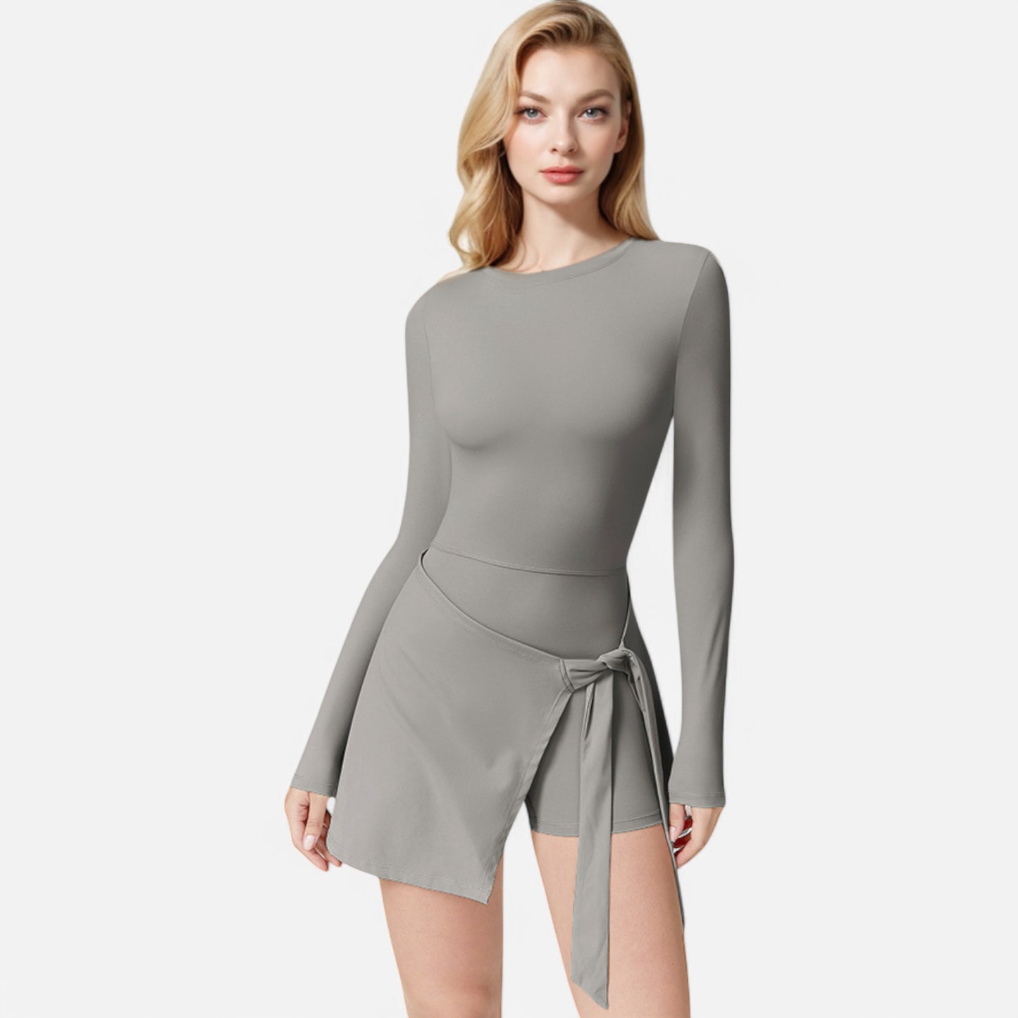 Anna-Kaci Women's Long Sleeve Bodysuit with Wrap Skirt Overlay