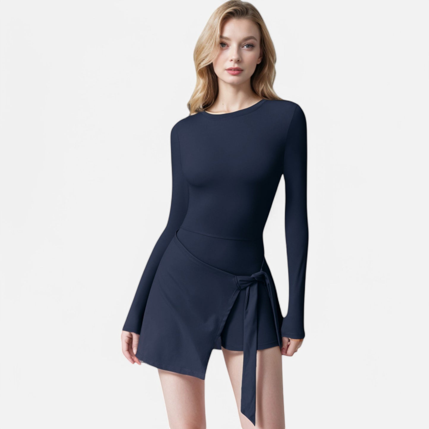 Anna-Kaci Women's Long Sleeve Bodysuit with Wrap Skirt Overlay