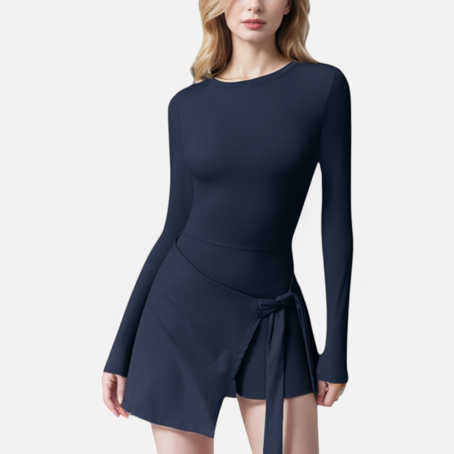 Anna-Kaci Women's Long Sleeve Bodysuit with Wrap Skirt Overlay