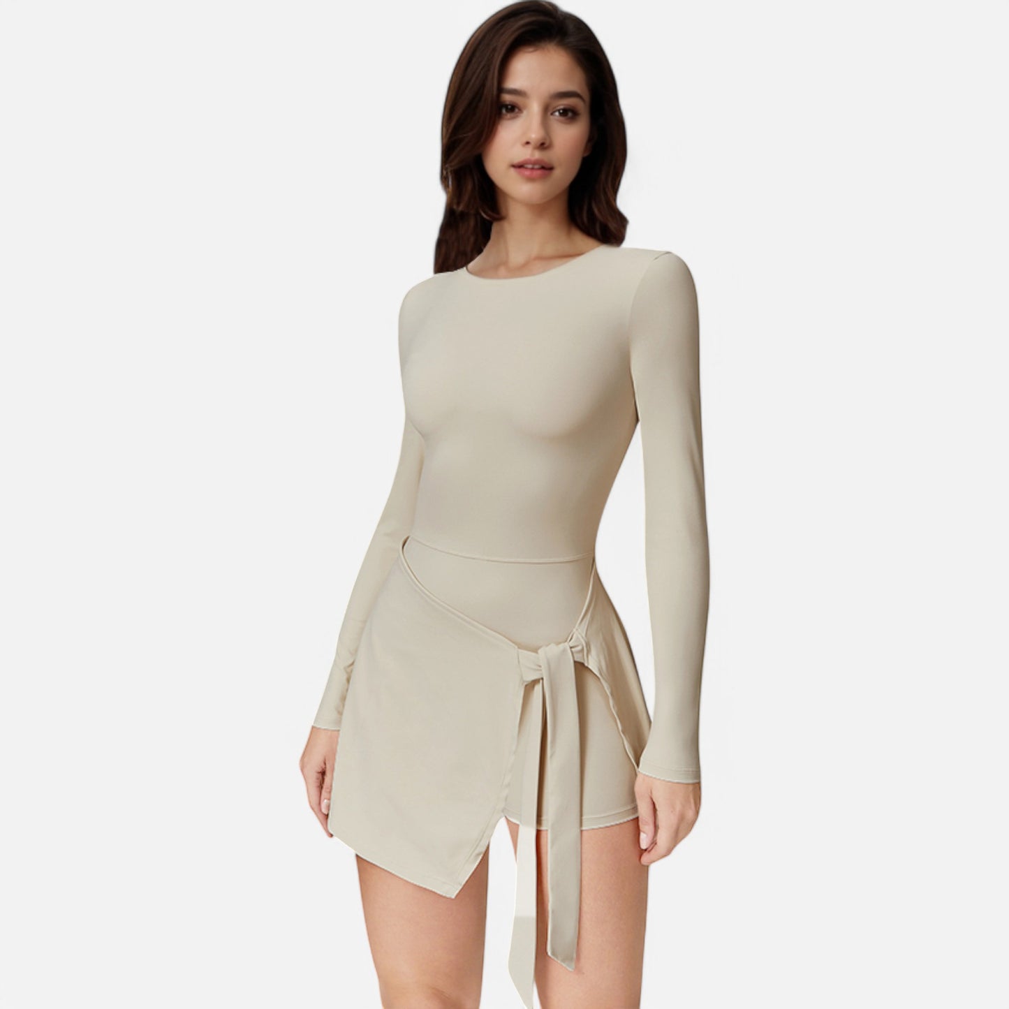 Anna-Kaci Women's Long Sleeve Bodysuit with Wrap Skirt Overlay