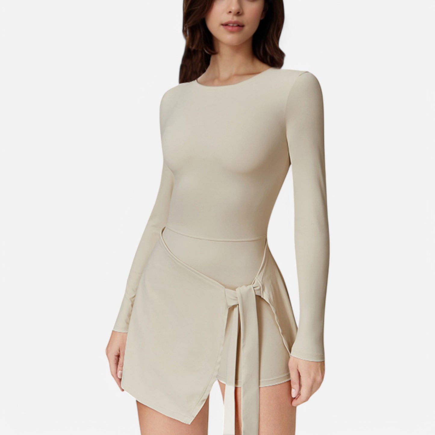 Anna-Kaci Women's Long Sleeve Bodysuit with Wrap Skirt Overlay