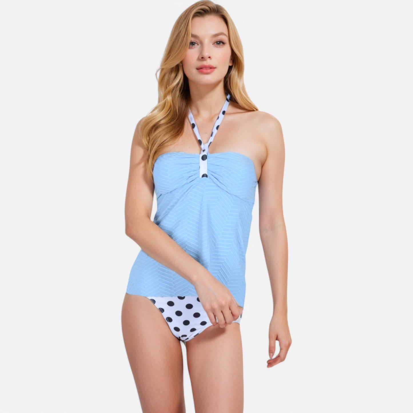 Anna-Kaci Women's Polka Dot Halter Tankini Set with Ruched Bust and Flowy Top