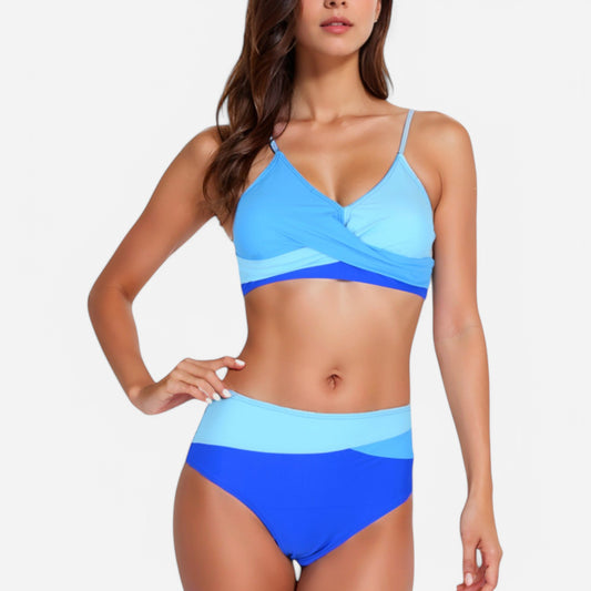Anna-Kaci Women's Colorblock Bikini Set with Crisscross Wrap Top and High Waist Bottoms