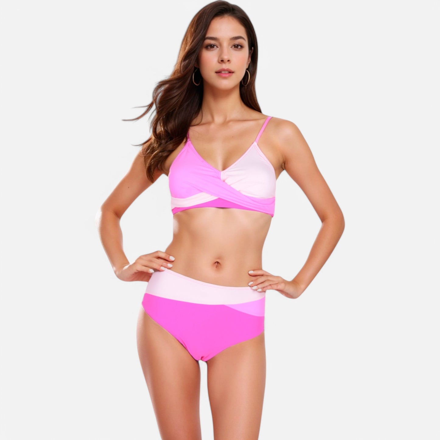 Anna-Kaci Women's Colorblock Bikini Set with Crisscross Wrap Top and High Waist Bottoms