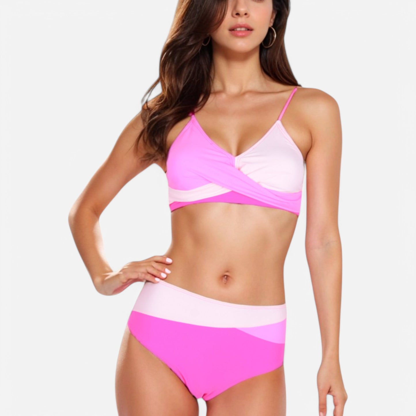 Anna-Kaci Women's Colorblock Bikini Set with Crisscross Wrap Top and High Waist Bottoms