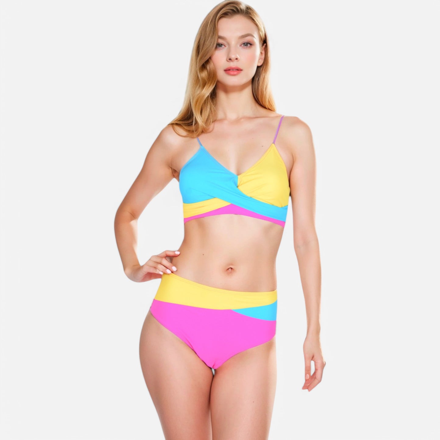 Anna-Kaci Women's Colorblock Bikini Set with Crisscross Wrap Top and High Waist Bottoms