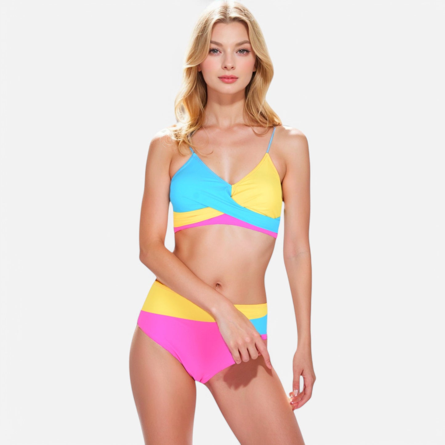 Anna-Kaci Women's Colorblock Bikini Set with Crisscross Wrap Top and High Waist Bottoms
