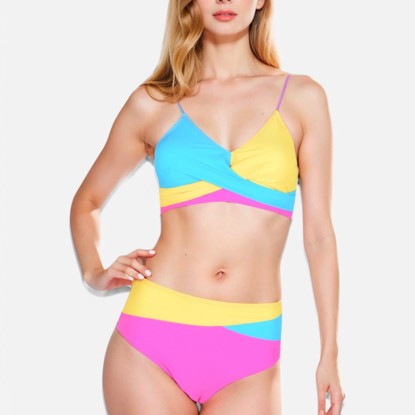 Anna-Kaci Women's Colorblock Bikini Set with Crisscross Wrap Top and High Waist Bottoms