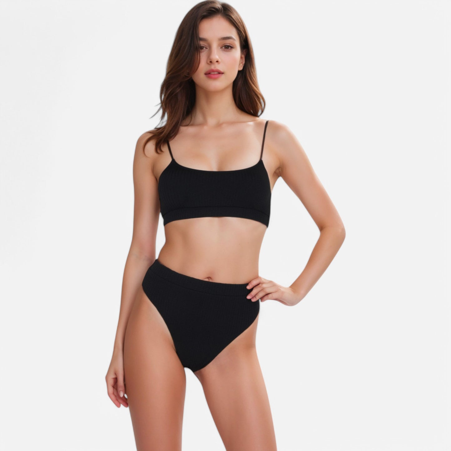 Anna-Kaci Women's Ribbed Bikini Set with Scoop Neck Bralette and High Cut Bottoms