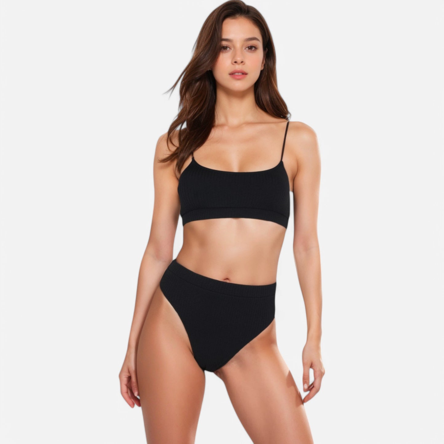 Anna-Kaci Women's Ribbed Bikini Set with Scoop Neck Bralette and High Cut Bottoms