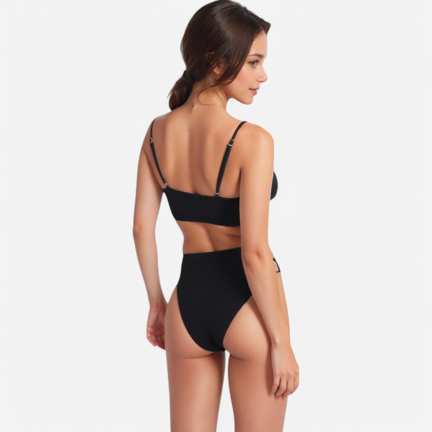 Anna-Kaci Women's Ribbed Bikini Set with Scoop Neck Bralette and High Cut Bottoms