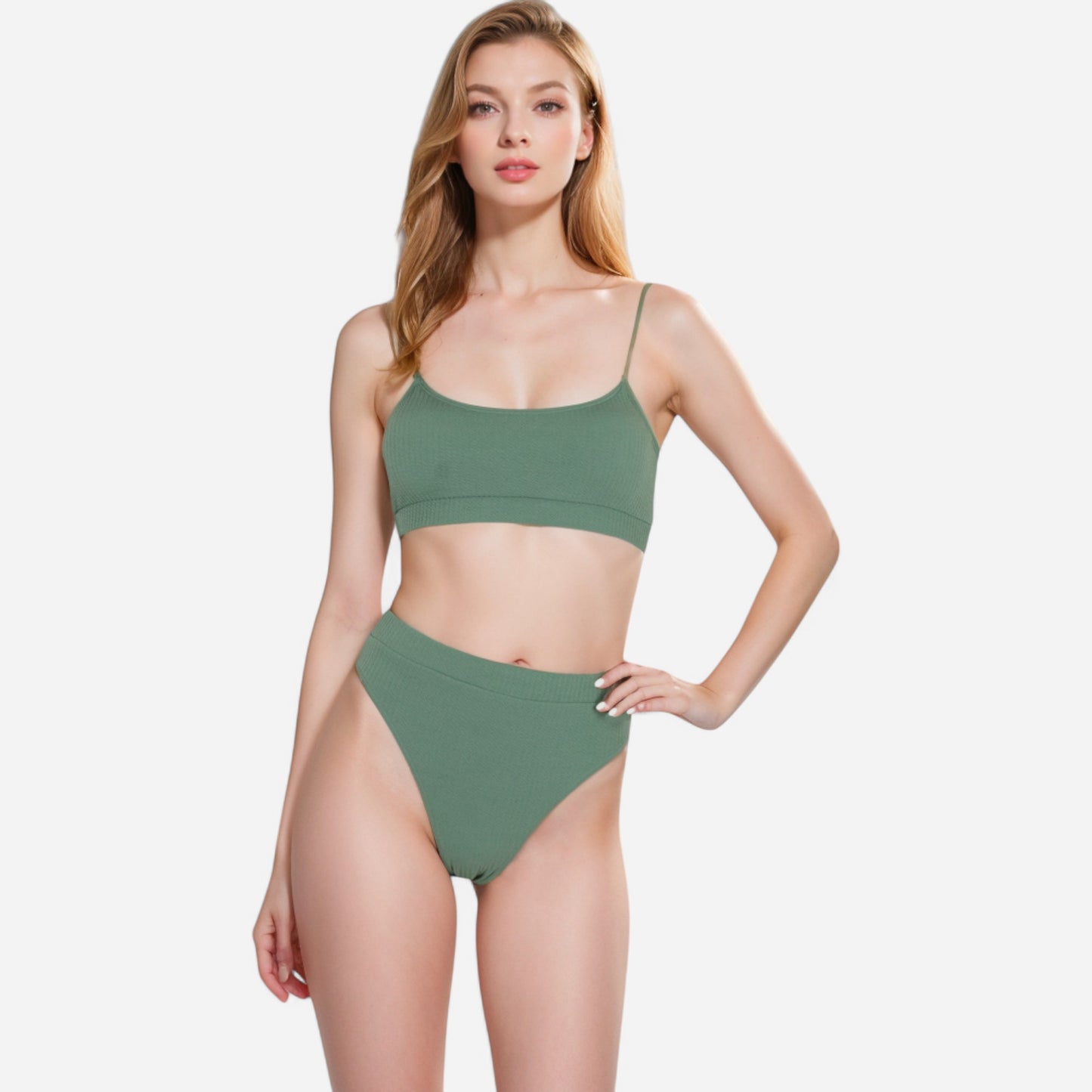 Anna-Kaci Women's Ribbed Bikini Set with Scoop Neck Bralette and High Cut Bottoms